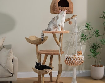 Natural Wood Cat Tree Tower, Boho Cat Furniture with Hammock, Sisal Scratching Posts