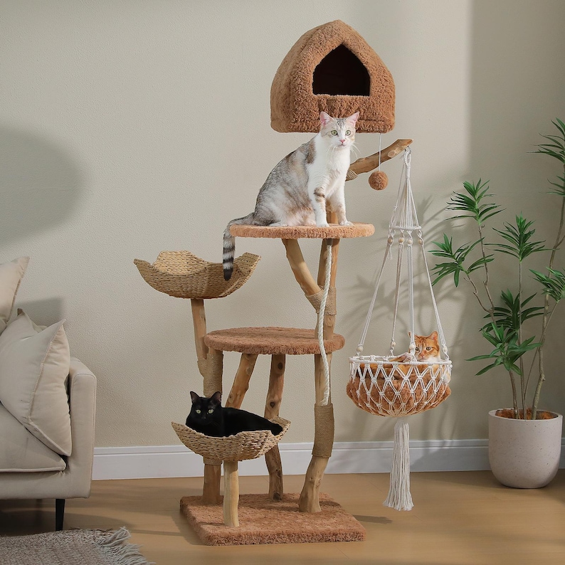 May include: A multi-level cat tree featuring a brown plush covered house at the top, two woven basket platforms, and a hanging macrame hammock. The structure is supported by natural wood branches and a plush base, with three cats resting on it.