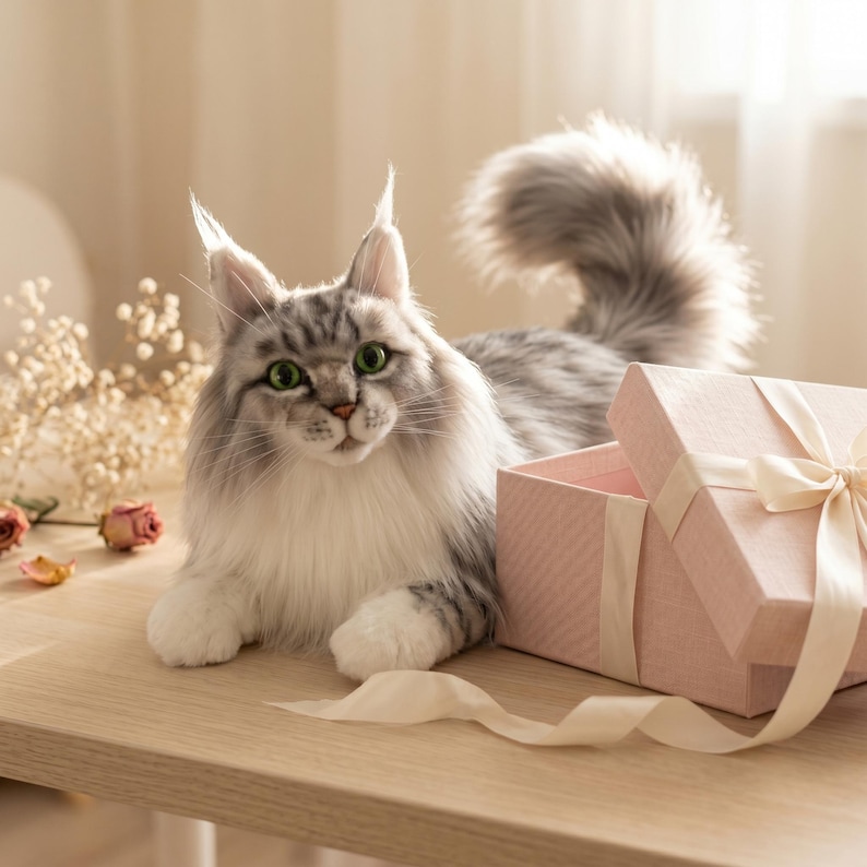 May include: A fluffy, gray and white cat with green eyes lies next to an open pink gift box tied with a cream-colored ribbon. The cat has long fur and is positioned on a light-colored wooden surface. Dried flowers and rose buds are scattered nearby.