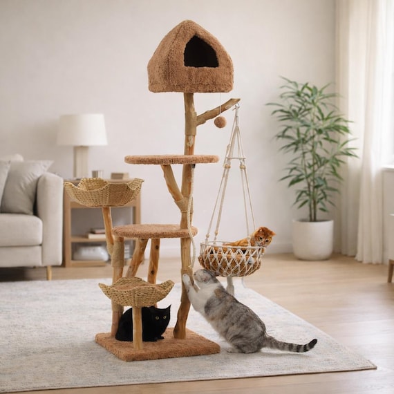 Natural Wood Cat Tree Tower, Boho Cat Furniture with Hammock, Sisal Scratching Posts