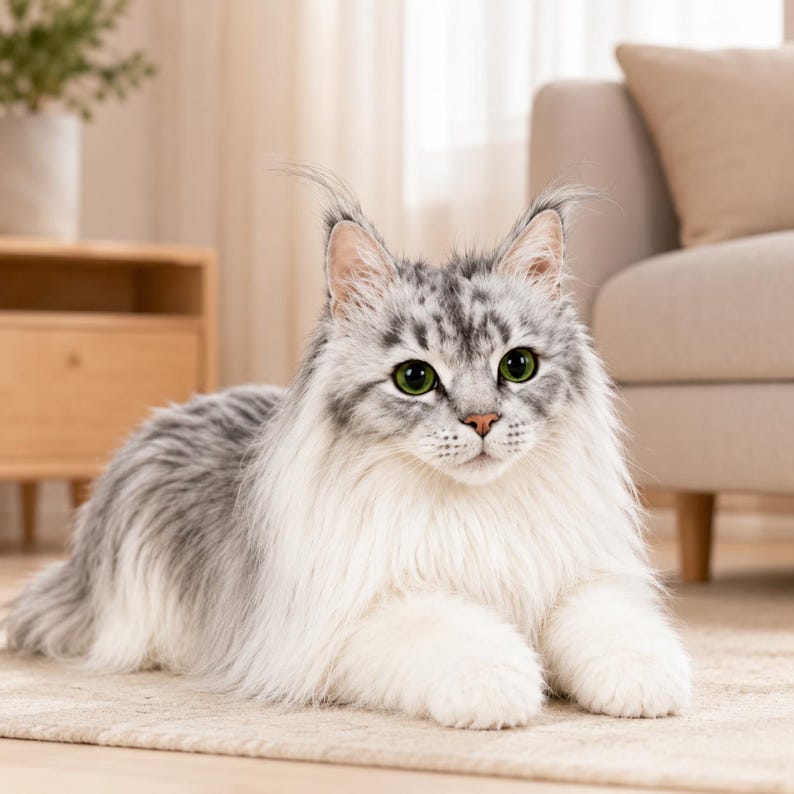 May include: A fluffy, silver and white cat with green eyes is lying on a beige rug. The cat has long fur and distinctive ear tufts. The background includes a wooden side table, a sofa, and a neutral-toned wall.