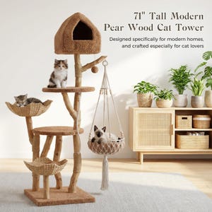 May include: A 71-inch tall cat tower featuring a brown pear wood structure, plush brown platforms, a house-shaped top perch, two woven basket beds, and a hanging macrame hammock. Three cats are positioned on various levels of the cat tower.