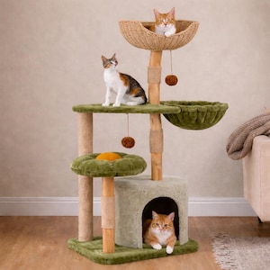May include: A multi-level cat tree with multiple platforms, a cat house, and a woven basket. The cat tree is green and beige, with three cats lounging on the different levels. The cat tree is made of wood and carpet.