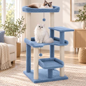 May include: A multi-level cat tree featuring blue plush platforms and beige sisal-wrapped scratching posts. The structure includes three distinct tiers, two hanging blue ball toys, and a sturdy base, providing various levels for climbing and resting.