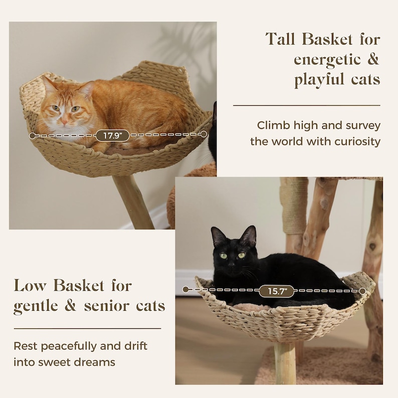 Natural Wood Cat Tree Tower, Boho Cat Furniture with Hammock, Sisal Scratching Posts image 5