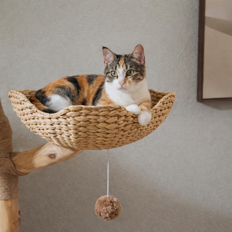 Natural Wood Cat Tree – Multi-Level Woven Basket Condo, 59" 画像 9