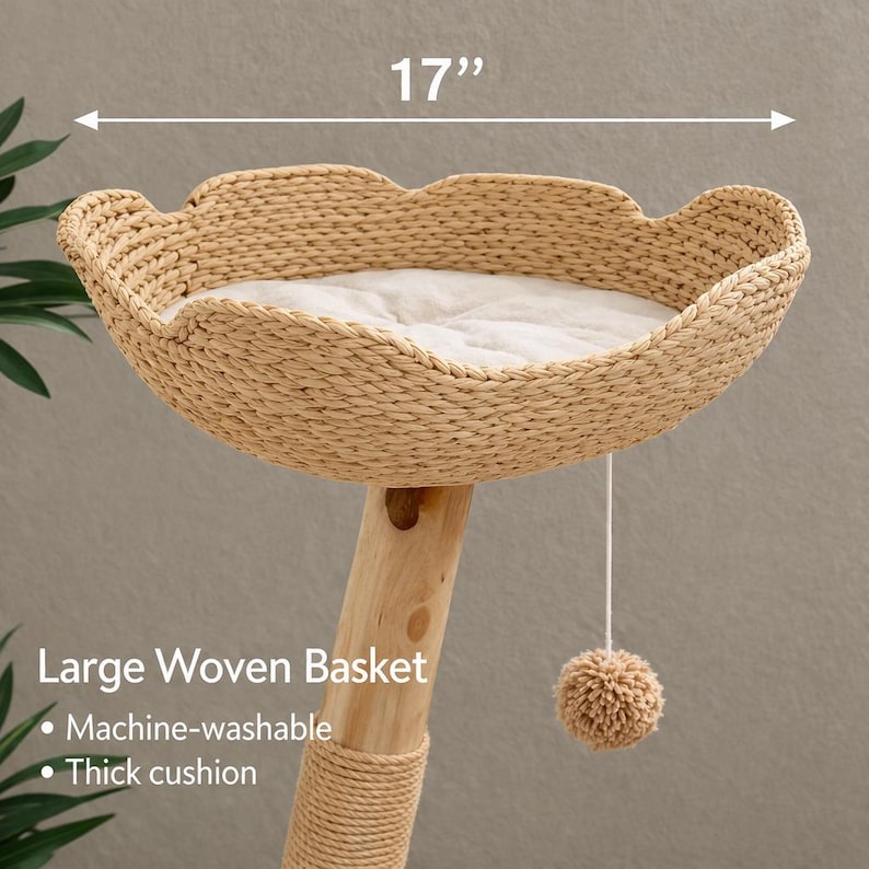 Natural Wood Cat Tree – Multi-Level Woven Basket Condo, 59" 画像 7
