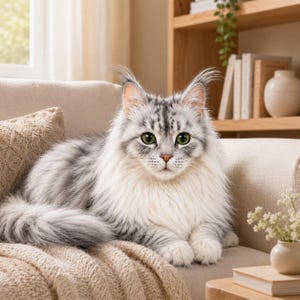 May include: A fluffy, silver and white cat with green eyes lounges on a beige sofa. The cat has long fur and is lying on a knitted blanket. A small vase of white flowers and a stack of books are on a nearby table.