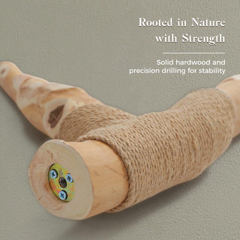 May include: A T-shaped hardwood perch wrapped in tan jute rope. The end shows a circular metal mounting plate with three screws and a threaded center hole. Text reads: Rooted in Nature with Strength. Solid hardwood and precision drilling for stability.