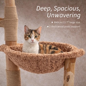 Natural Wood Cat Tree – Multi-Level Woven Basket Condo, 59" 画像 4