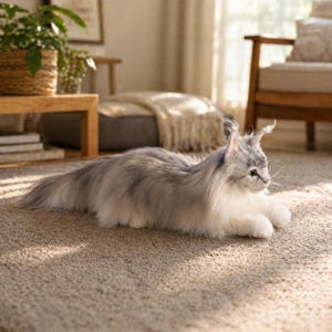 May include: A long-haired, gray and white cat is lying on a beige carpet. The cat has long fur, a fluffy tail, and pointed ears. The cat is in a relaxed pose, with its paws extended.