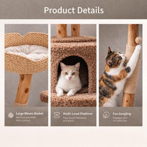 Natural Wood Cat Tree – Multi-Level Woven Basket Condo, 59" 画像 3