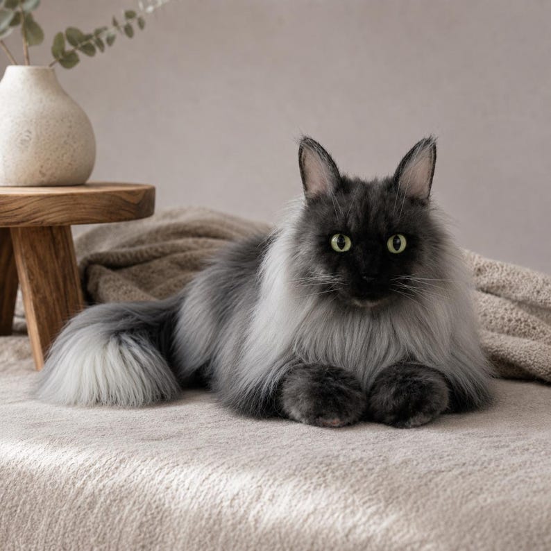 May include: A fluffy, gray and white cat with green eyes is lying down on a beige surface. The cat has long fur and a bushy tail. The cat is the focal point of the image.