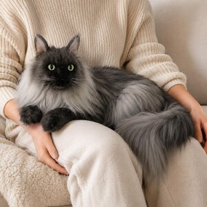 May include: A fluffy gray cat with long fur and green eyes. The cat is lying on a person's lap, with its tail curled up. The cat's fur is a mix of gray and silver, and it has a long, bushy tail. The cat appears to be a Maine Coon or similar breed.