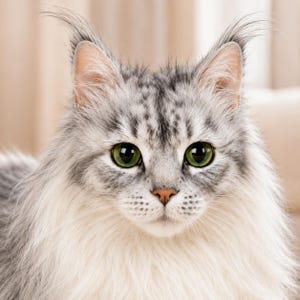 May include: A close-up portrait of a fluffy cat with gray and white fur. The cat has large, round green eyes, a pink nose, and long tufts of fur on its ears. The cat's fur is long and flowing, creating a soft and inviting appearance.
