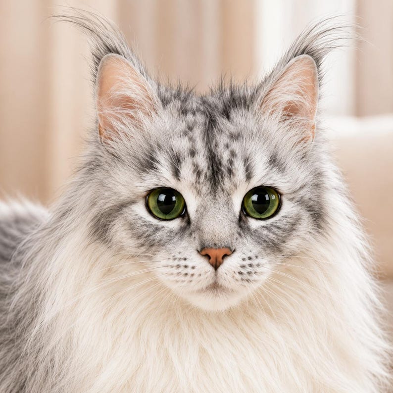 May include: A close-up portrait of a fluffy cat with gray and white fur. The cat has large, round green eyes, a pink nose, and long tufts of fur on its ears. The cat's fur is long and flowing, creating a soft and inviting appearance.