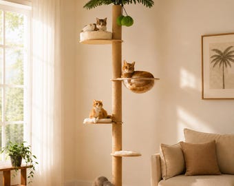 Adjustable Floor-to-Ceiling Cat Tree with Palm Leaf Top, Sisal Post & Toy Ball Base