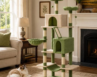 Multi-Level Cat Tree for Indoor Cats – 2 Condos, Hammock & Plush Perches