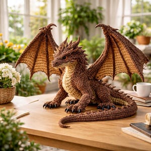 Peut inclure: Un dragon en crochet marron et beige, avec des ailes déployées. Le dragon présente des détails tels que des cornes et des griffes. Il est posé sur une surface en bois.
