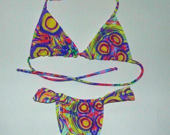 Neon swirl handmade adjustable triangle bikini set