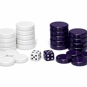 May include: A backgammon game set with white and purple game pieces. The set includes stacks of round game pieces and two dice with black dots. The pieces are arranged on a white background.