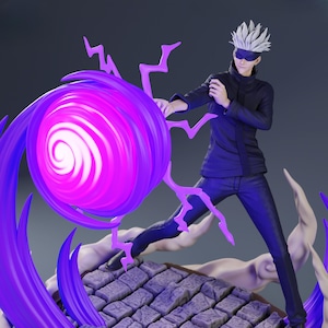 以下が含まれることがあります： 黒い衣装に白い髪と眼帯をしたキャラクターの精巧なフィギュア。渦巻く紫色のエネルギー球と稲妻に囲まれています。フィギュアは石のような台座の上にポーズをとっており、ダイナミックでパワフルなシーンを作り出しています。