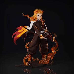 May include: A detailed figurine of a character from the anime series, Demon Slayer. The figure is posed with a sword and surrounded by orange and yellow flame effects. The character wears a brown uniform, white cape, and has spiky, flame-colored hair.