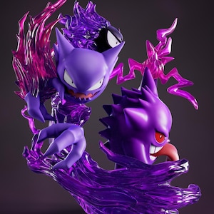 May include: A purple and black figurine of three cartoon characters. The central figure is purple with a spiky head, red eyes, and a long red tongue. The other two figures are purple and black, with sharp teeth and claws, and are surrounded by purple energy.