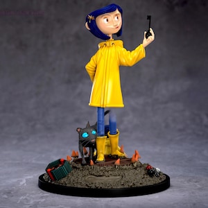 May include: A figurine of a character from the animated film, wearing a yellow raincoat and boots, holding a key. A black cat with blue eyes stands nearby. The base features a miniature garden scene with mushrooms and a small box.