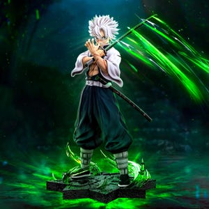 May include: A detailed figurine of a character from the anime series, Demon Slayer. The figure is posed with a katana and has white hair, a white and dark blue outfit, and a green energy effect. The figure stands on a textured base.