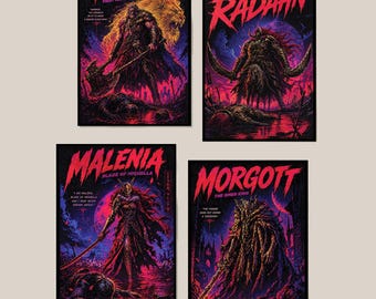 Neon Posters – Malenia, Radahn, Godfrey, Morgott, etc – Synthwave Elden Style, Retro Comic, Gamer Gift