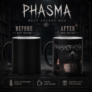 May include: A black heat-change mug featuring the text PHASMA. The left mug is solid black. The right mug displays a dark hallway, a silhouette, a lit candle on a pentagram, and a checklist with the text GHOSTS, ORBS, EMF 5, and SPIRIT BOX.