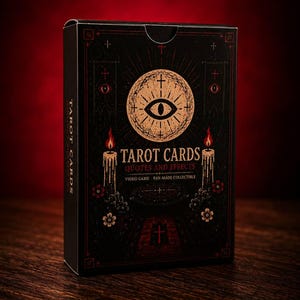 May include: A black rectangular deck box for tarot cards featuring gold and red illustrations of an eye, candles, and flowers. The text reads Tarot Cards, Quotes and Effects, and Video Game Fan-Made Collectible, with a cross symbol at the bottom.
