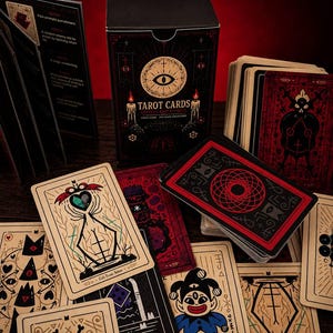 May include: A deck of tarot cards featuring a black box with an eye graphic and the text Tarot Cards Quotes and Effects. The cards display various illustrations including a jester, a skull, and abstract symbols in red, black, and cream colors.