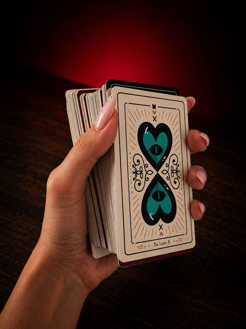 May include: A deck of tarot cards with a cream-colored back featuring a symmetrical design of two teal hearts, each containing a dark eye. The card at the front displays the text The Lovers II, surrounded by black line art and small heart icons.
