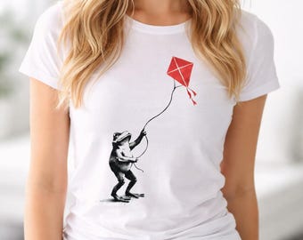 Frog Flying Kite Shirt | Minimalist Street Art T-Shirt | Frog Lover Gift | Red Kite Graphic Tee | Urban Art Clothing | K526