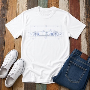 Vintage Formula Racing Car Blueprint T-Shirt, Classic Race Car Side View Tee, Engineering Plan Drawing Shirt, Car Enthusiast Tee | K614