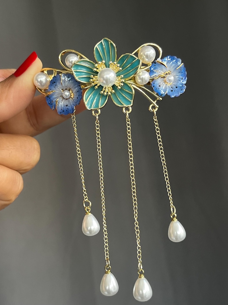 Chinese Floral Hair Clip With Dangling Pearls, Hanfu Butterfly Hairpin Chinese Floral Hair Clip With Dangling Pearls, Hanfu Butterfly Hairpin