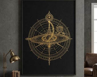 Mystical Astrolabe Clipart, Cosmic Compass PNG, Sacred Geometry Gold Line Art (Digital Download)
