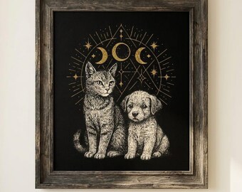 Mystic Cat Puppy Moon Phases Art Print | Celestial Boho Animal Wall Decor (Digital Download)