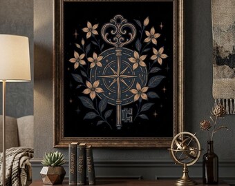 Celestial Key Botanical Compass PNG Digital Download, Floral Magic Design