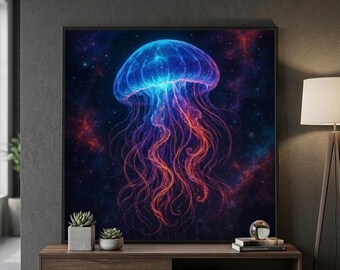 Mystic Jellyfish Galaxy Art Print, Bioluminescent Cosmic Nebula Wall Decor