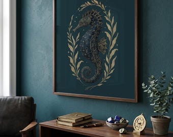 Celestial Seahorse Print, Mytic Sea Horse Wall Art, Gold Astrological Animal Poster, Dark Academia Nautical Decor, Digital Download