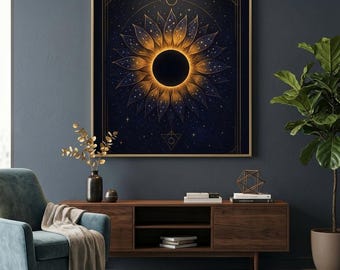 Celestial Sunflower Solar Eclipse Print, Cosmic Sacred Geometry Poster (Digital Download)