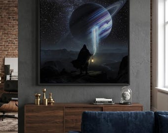 Cosmic Wanderer Art, Saturn Hooded Figure Poster, Celestial Wizard Mystic Print (Digital Download)