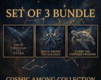 Set of 3 Cosmic Ocean Prints, Whale Octopus Turtle Galaxy Art (Digital Download)