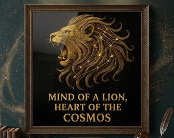 Celestial Gold Lion Art Print – Mystic Leo Constellation, Cosmic Strength (Digital Download)