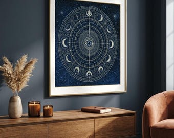 Mystic All Seeing Eye Print, Moon Phase Cosmic Wall Art (Digital Download)