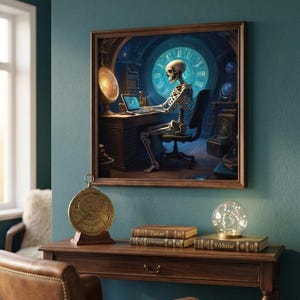 Könnte beinhalten: Ein gerahmtes Kunstwerk zeigt ein Skelett, das an einem Laptop in einem Raum mit himmlischem Thema arbeitet. Der Raum verfügt über eine große Uhr, Globen und Bücher. Ein Holztisch im Vordergrund hält ein Messinginstrument, Bücher und ein dekoratives Licht.