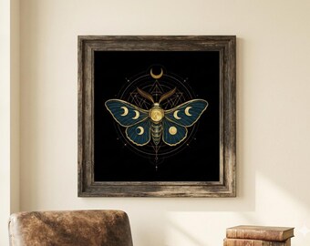 Celestial Lunar Moth Art Print, Mystical Moon Phases Wall Decor, Dark Cottagecore Poster